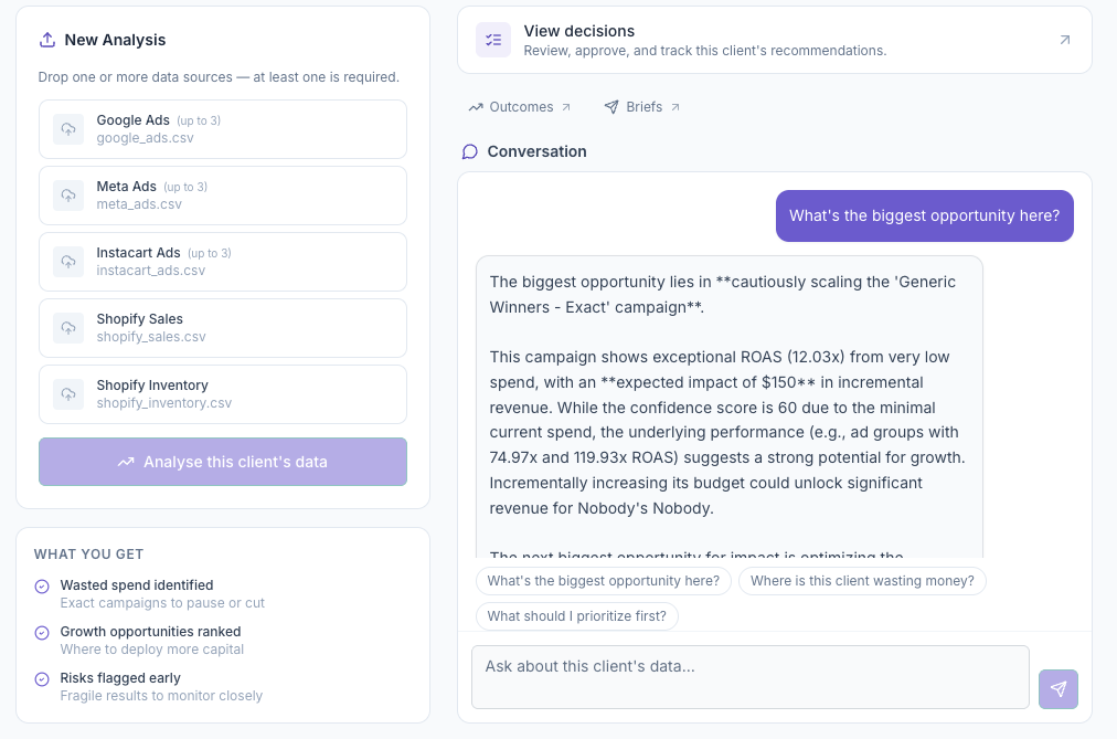 Advisor AI conversation analyzing client ad and sales data