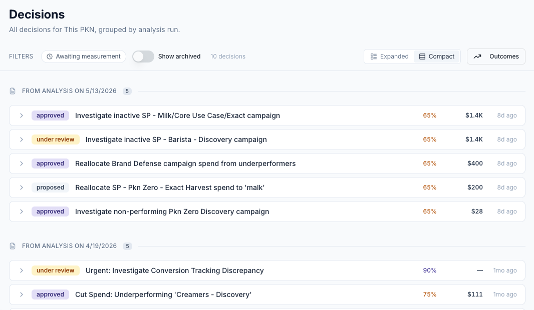 Decisions view grouped by analysis run
