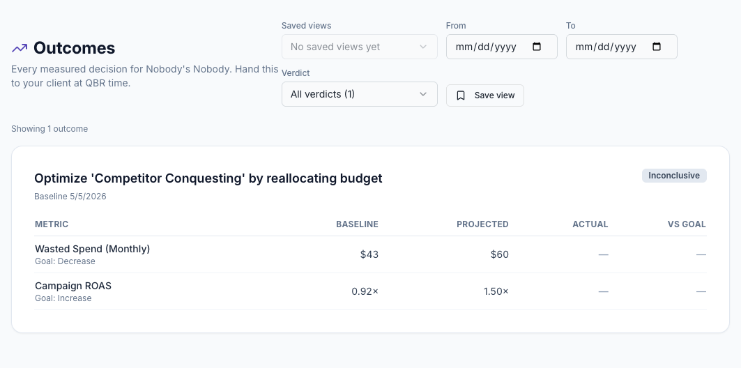 Outcomes view comparing baseline, projected and actual results